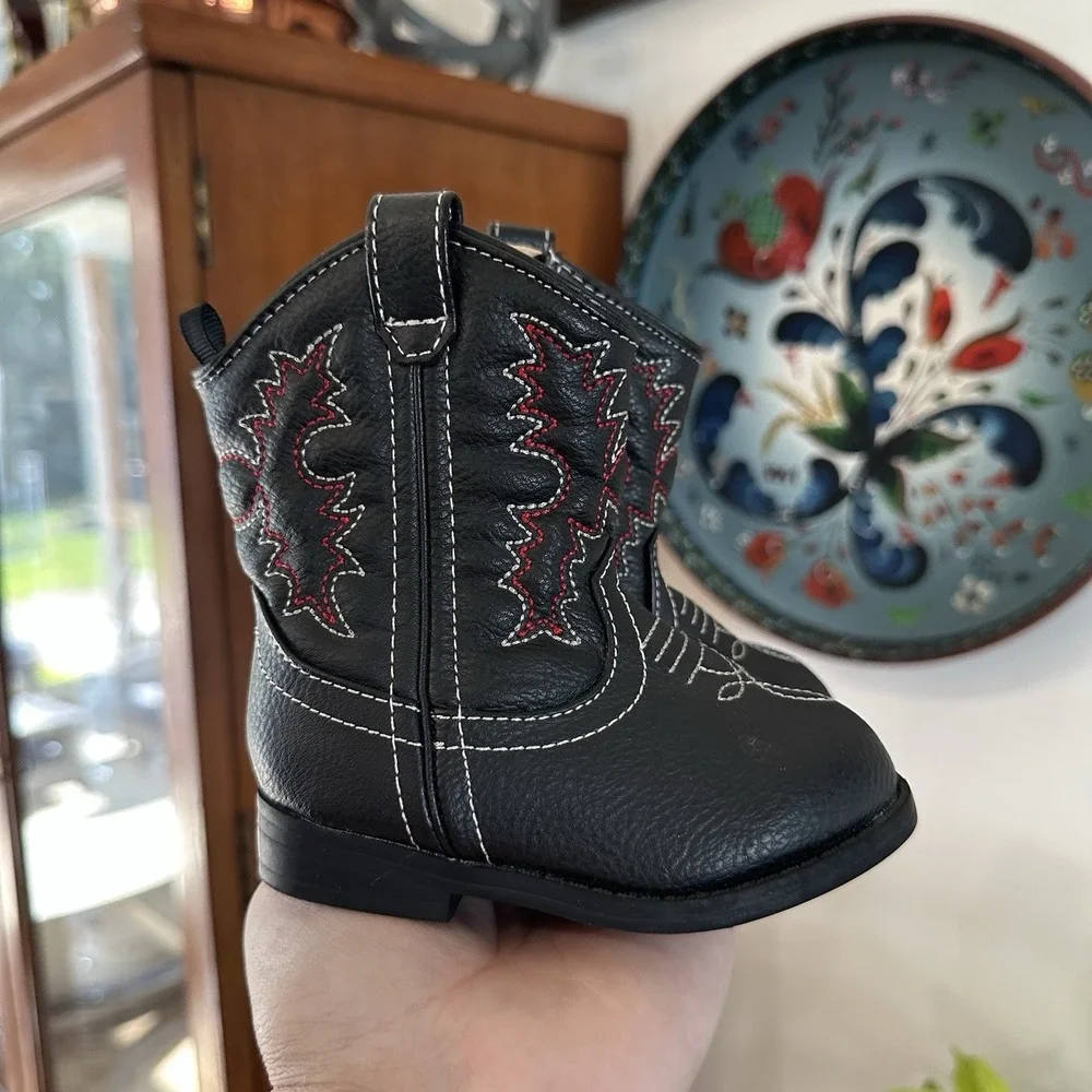 Healthtex Baby Infant Cowboy Boots Soft Black Red Western Zip Hard Sole 4 NEW